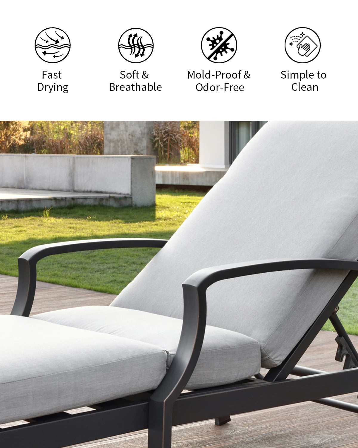SeeHill Aluminum Outdoor Chaise Lounge Chair With Adjustable Backrest Cushion