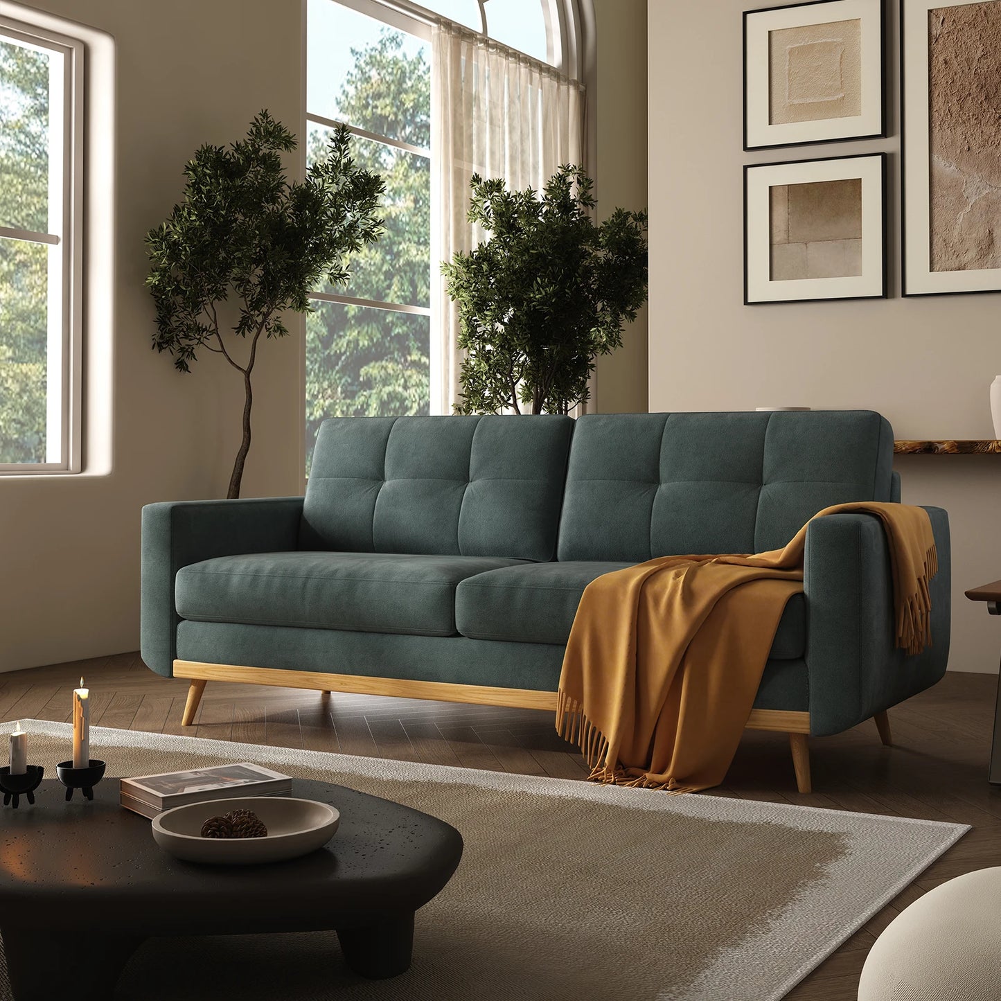 QWCCN Mid-Century Modern Loveseat Sofa With Wooden Legs