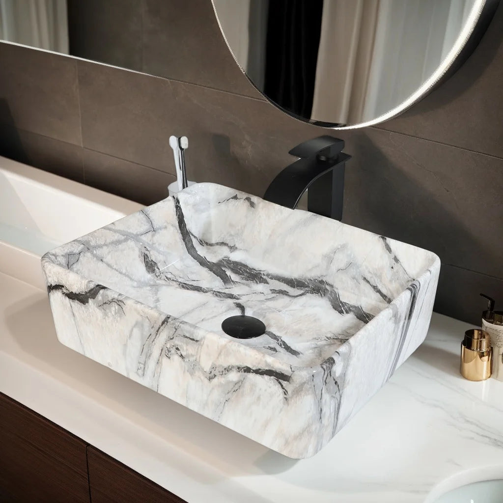 Torayvino Ceramic Vessel Sink Set With Marble Pattern Faucet