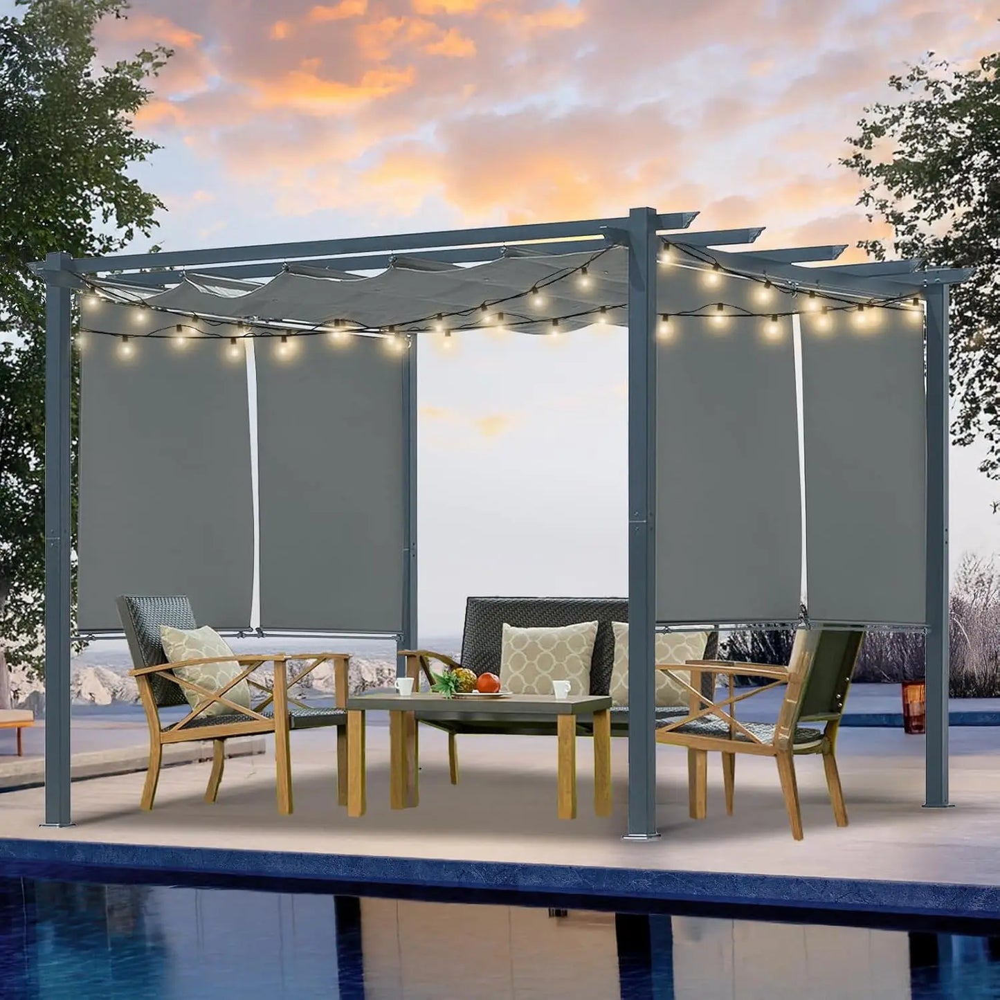 Aluminum Outdoor Pergola With Retractable Canopy And Side Shades