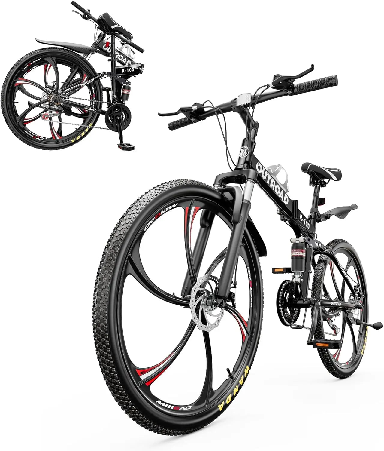 Folding Mountain Bike 21 Speed Drivetrain Dual Suspension And Disc Brakes