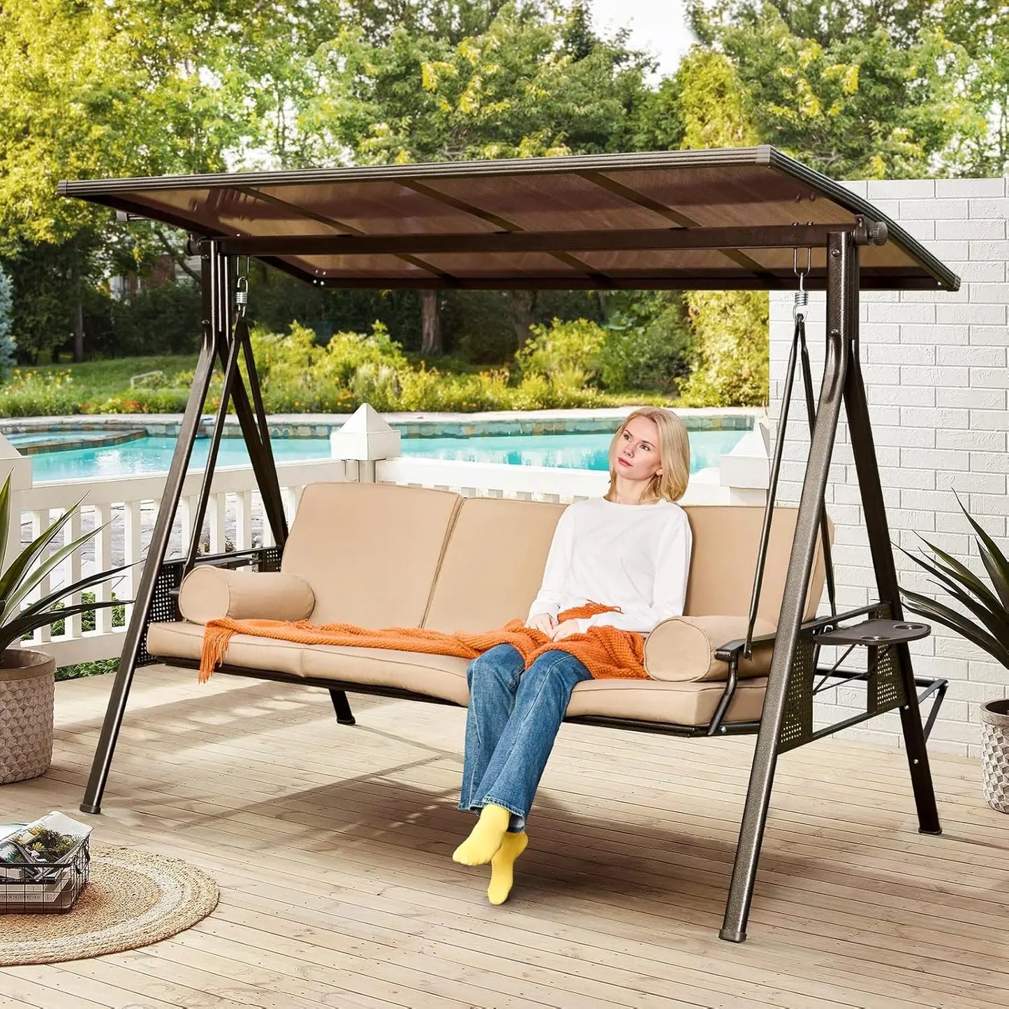 XMSJ 3-Seat Outdoor Swing With Cup Holders Cushions
