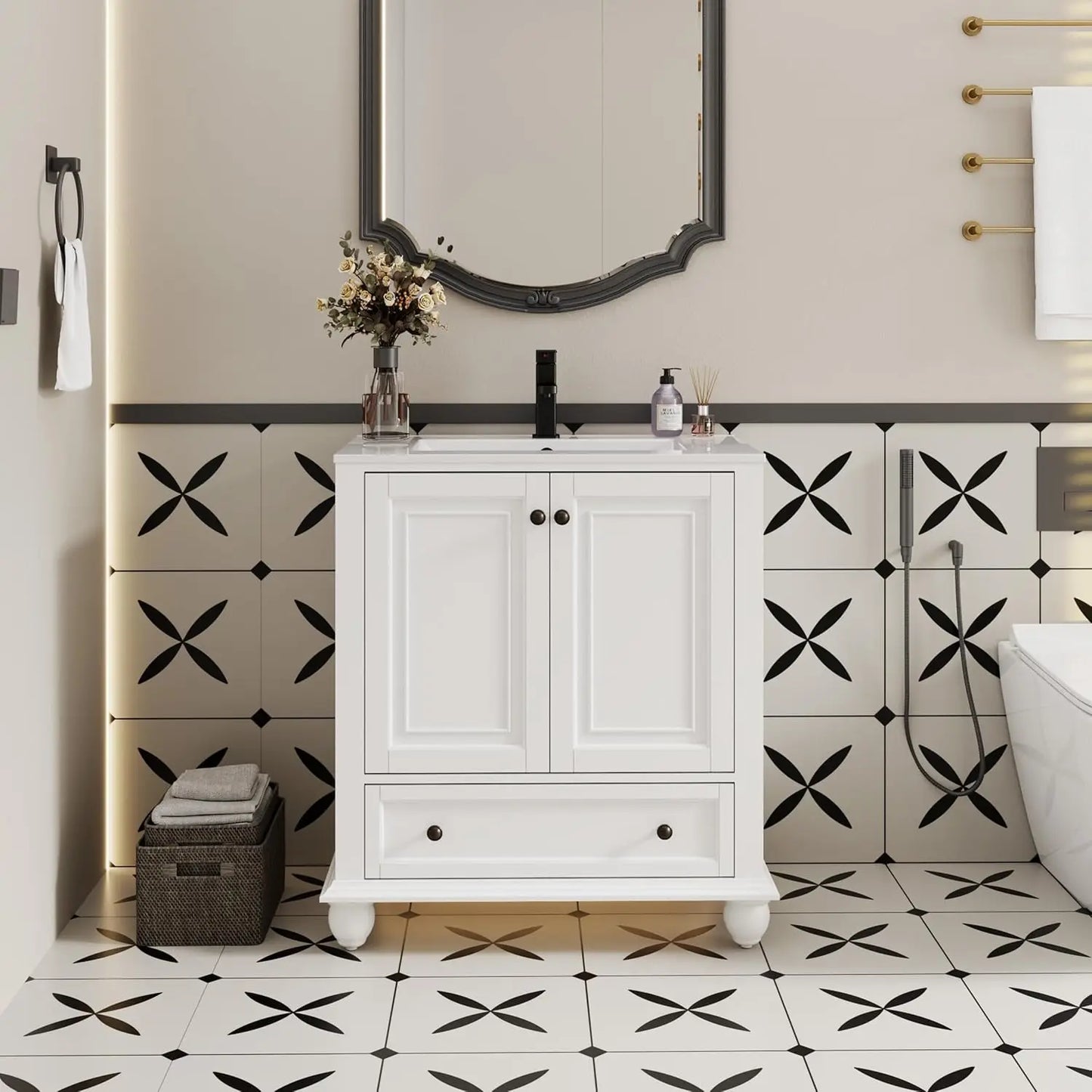 Retro Painted Bathroom Vanity And Sink With Matte Faucet