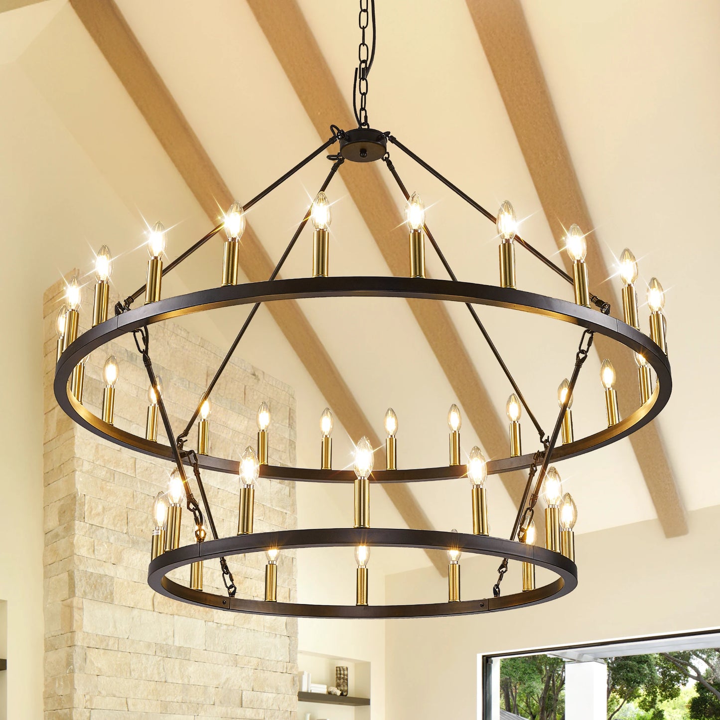 Farmhouse Wagon Wheel Chandelier 2 Tier 36 Light Pendant