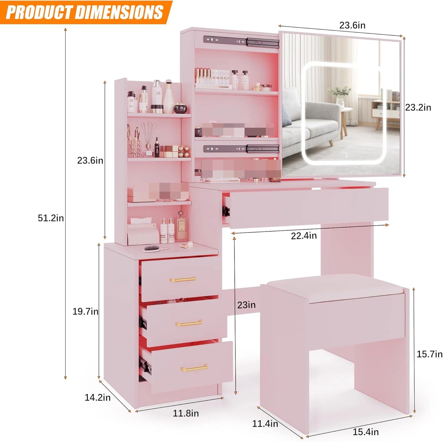 HiMISS Vanity Desk With Mirror And LED Lights Dressing Table