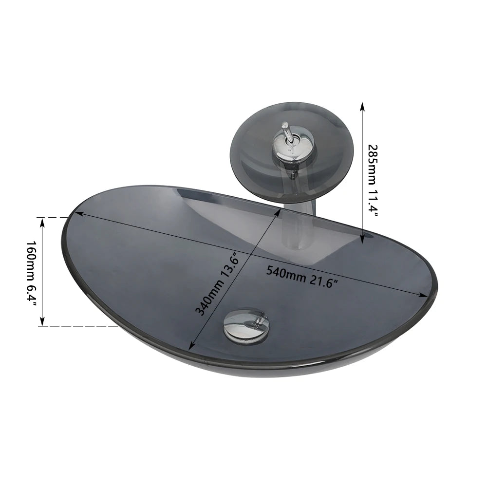 MEKKHALA Oval Tempered Glass Vessel Sink With Waterfall Faucet