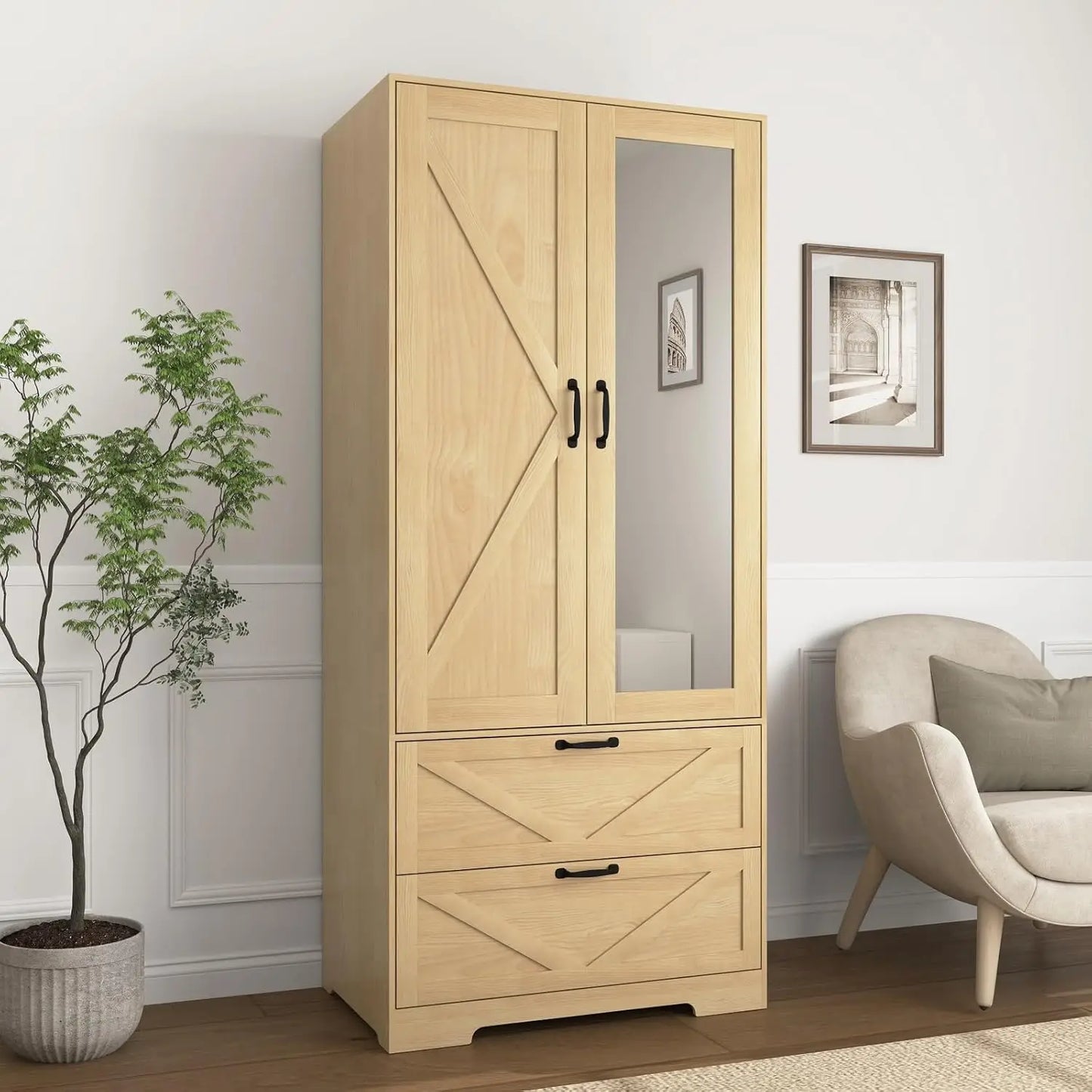 Armoire Wardrobe Closet With Hanging Rod And Light Wooden Furniture