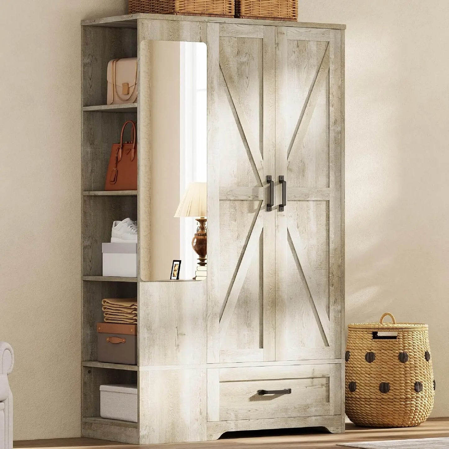 Modern Freestanding Wooden Armoire Wardrobe With Mirror