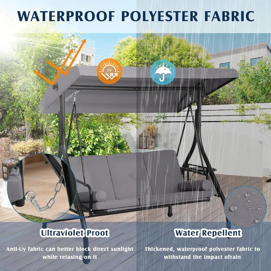 Three Person Outdoor Porch Swing With Canopy And Stand