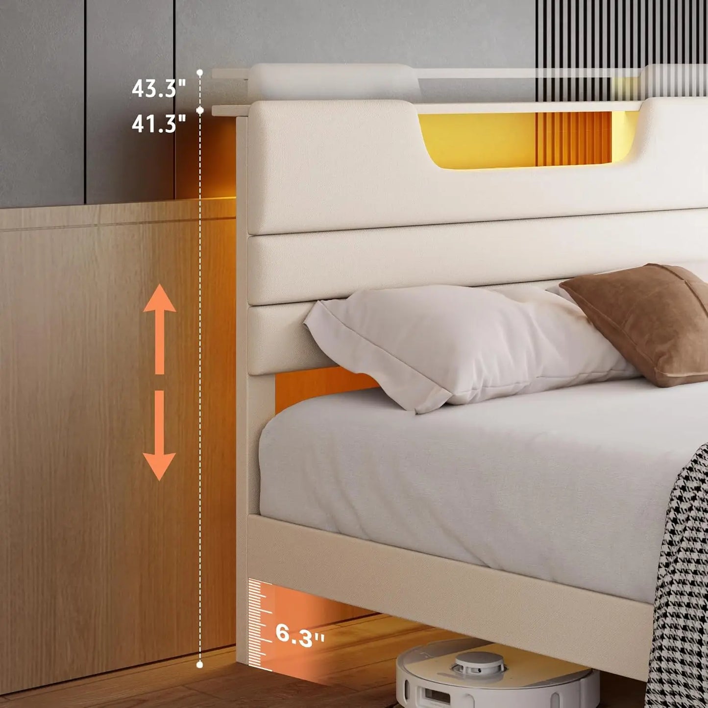 Modern Upholstered Platform Bed With Headboard Charging Station And LED