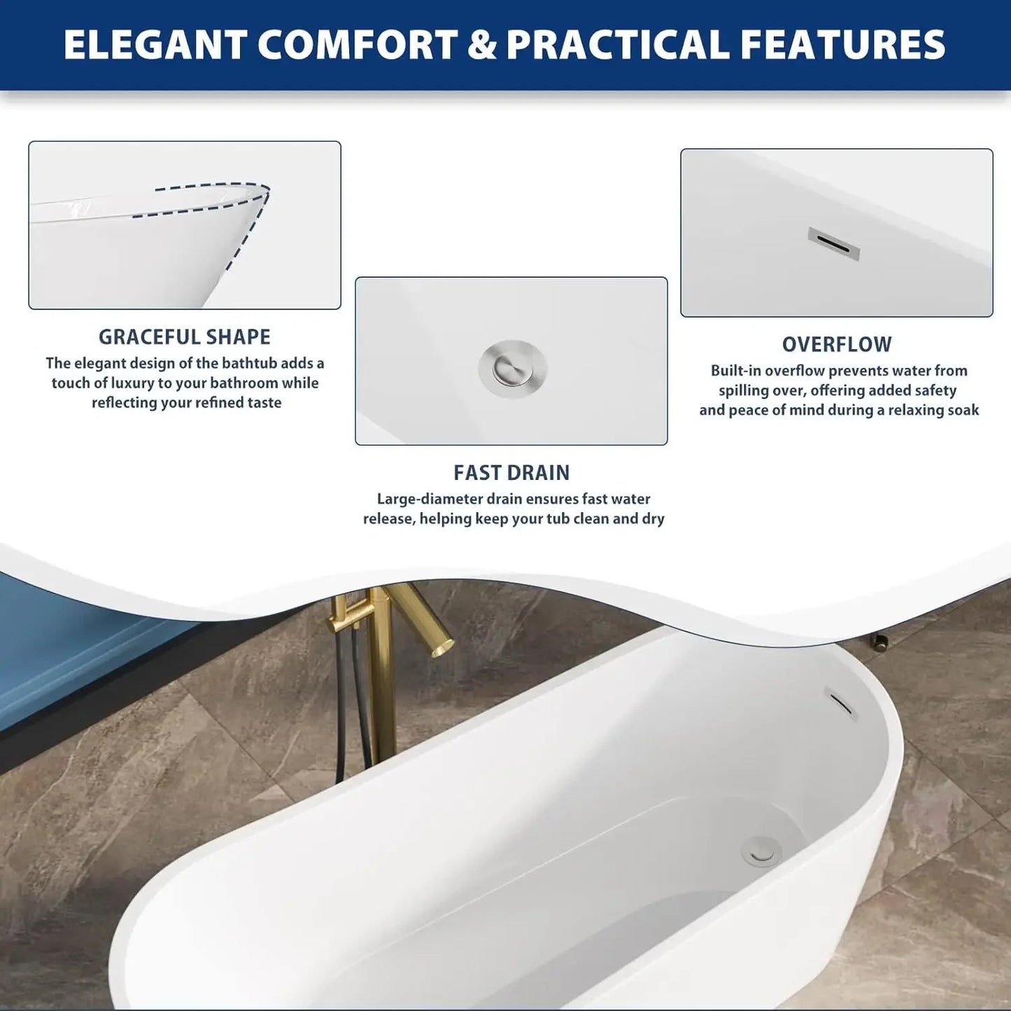 Freestanding Acrylic Soaking Bathtub With Chrome Drain And Overflow