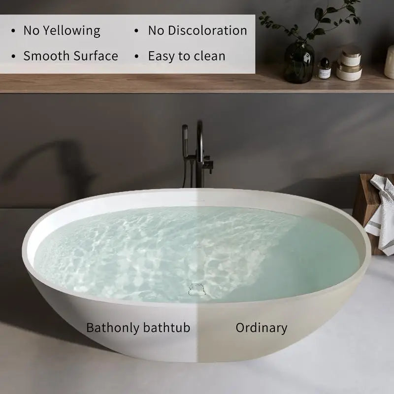 70.8" Matte White Solid Surface Soaking Tub, Stone Resin Freestanding Bathtub with Overflow, Pop-up Drain, Oval Design, Thick