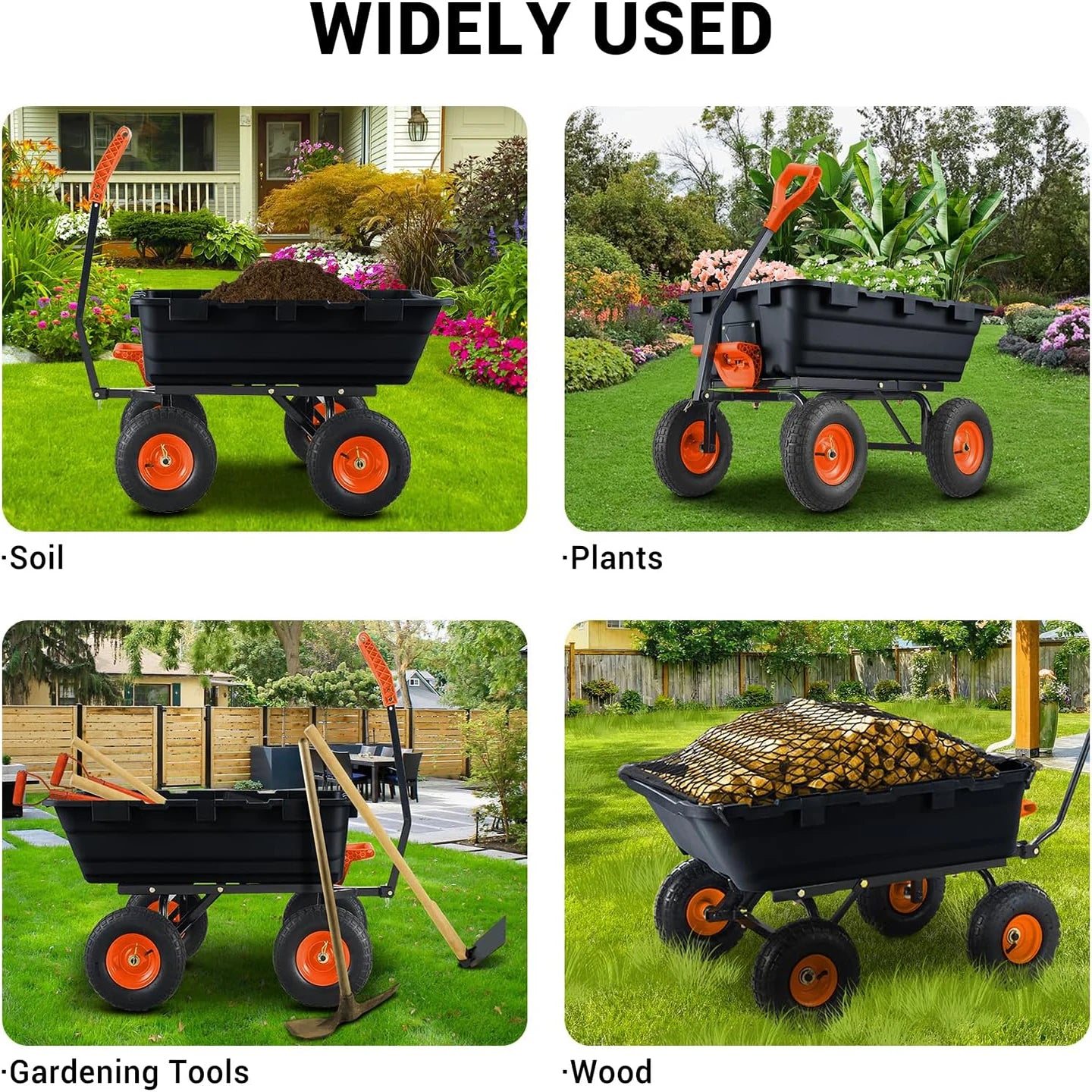 Heavy Duty Dump Cart With Quick Release Dumping No Flat Tires 600 Pound Capacity