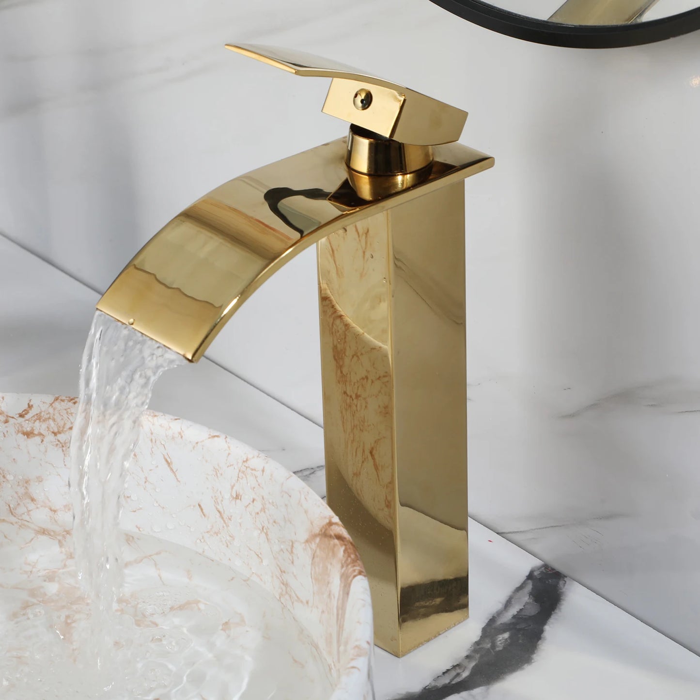YANKSMART Marble Bathroom Vessel Sink With Gold Faucet