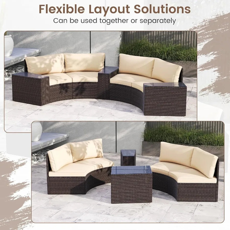 Outdoor 5 Piece PE Rattan Half Moon Curved Sectional Set With Glass Top Tables