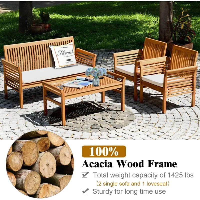 Outdoor Acacia Wood Sofa Set With Water Resistant Cushions