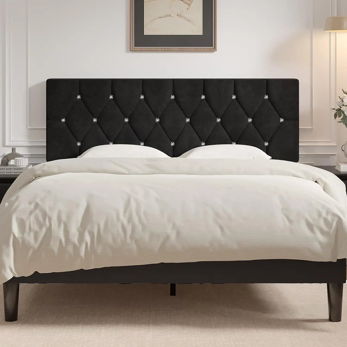 Tufted Upholstered Headboard With Adjustable Height And Diamond Button Design
