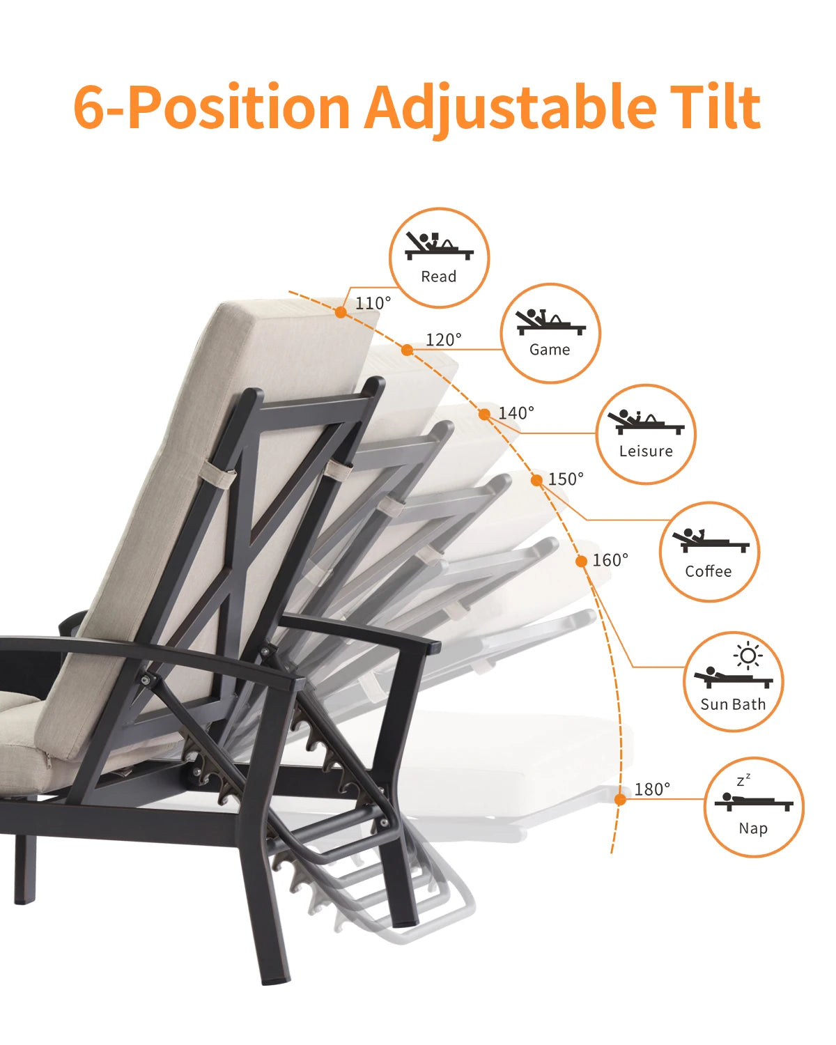 SeeHill Aluminum Outdoor Chaise Lounge Chair With Adjustable Backrest Cushion