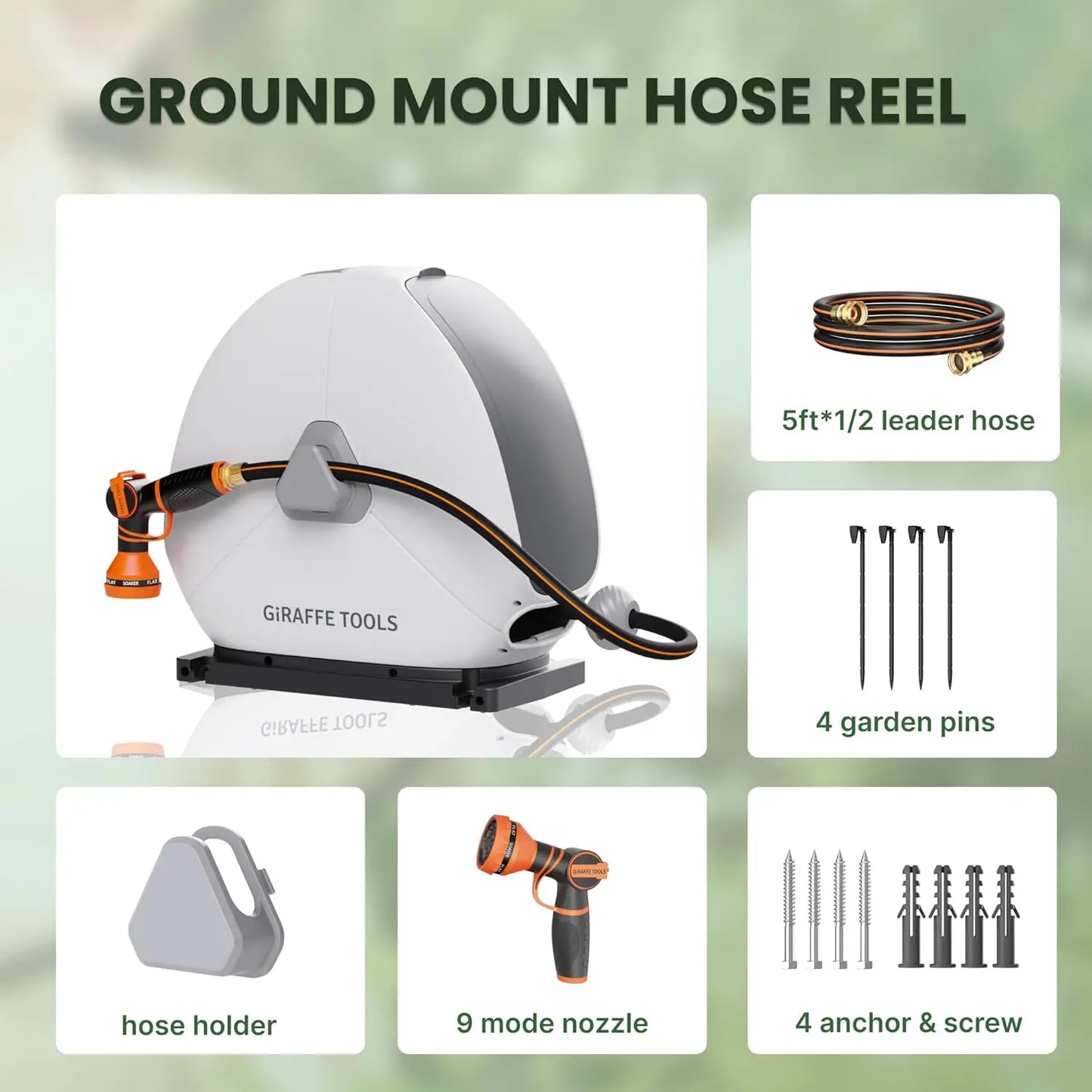 Giraffe Tools Retractable Hose Reel With Automatic Rewind Ground Mount