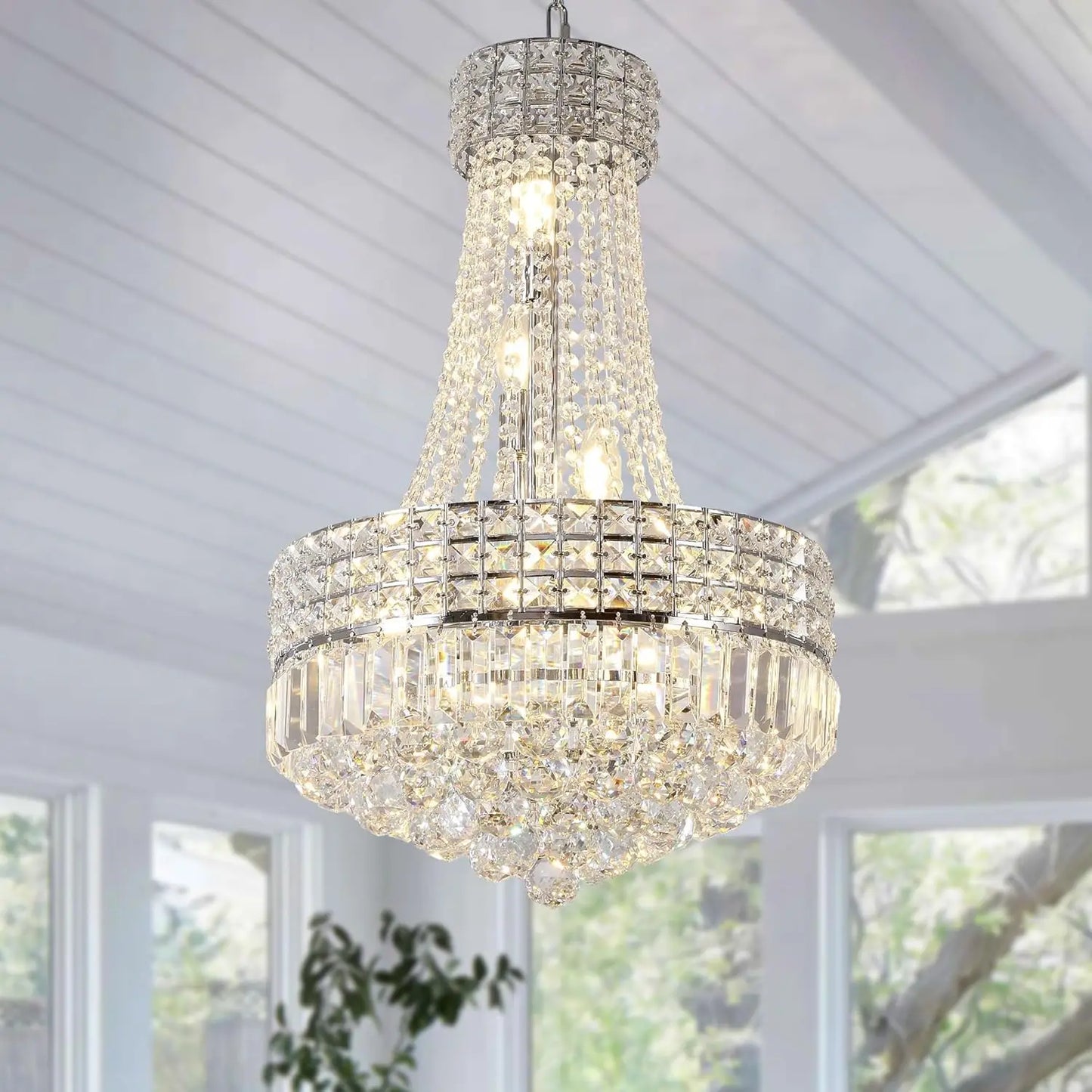 Polished Chrome Crystal Chandelier Dimmable LED Dining Pendant Light