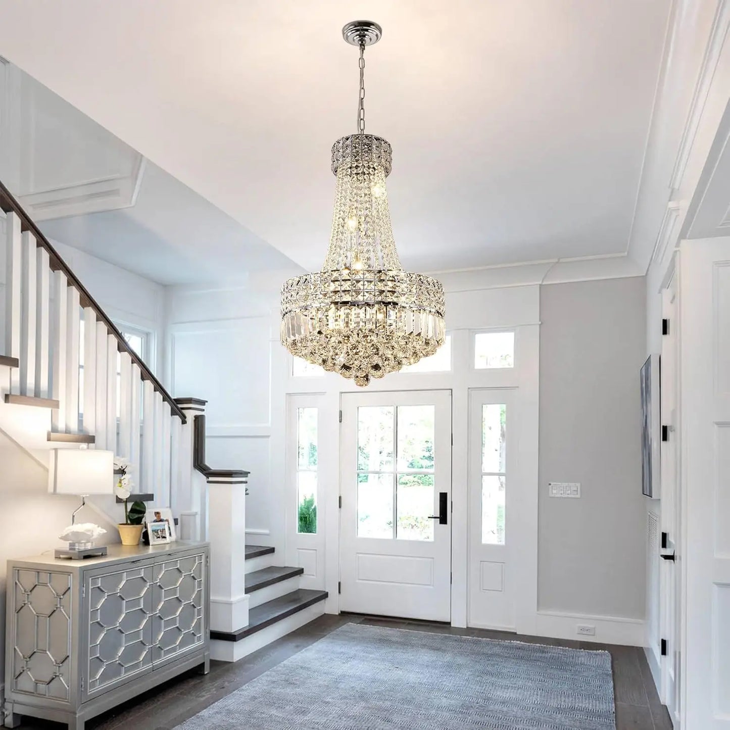 Polished Chrome Crystal Chandelier Dimmable LED Dining Pendant Light