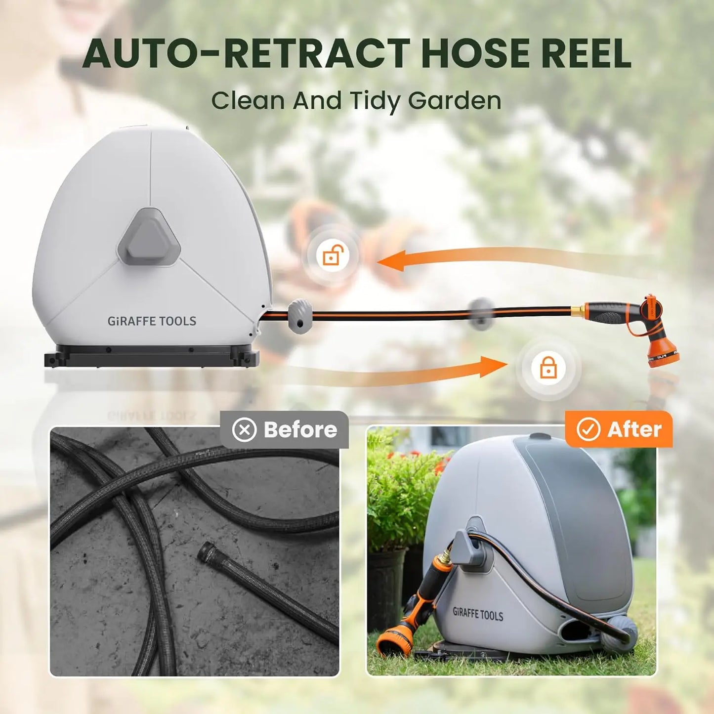 Giraffe Tools Retractable Hose Reel With Automatic Rewind Ground Mount