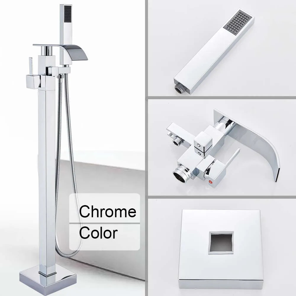 Poqihy Chrome Floor Mounted Bathtub Faucet Swivel Waterfall