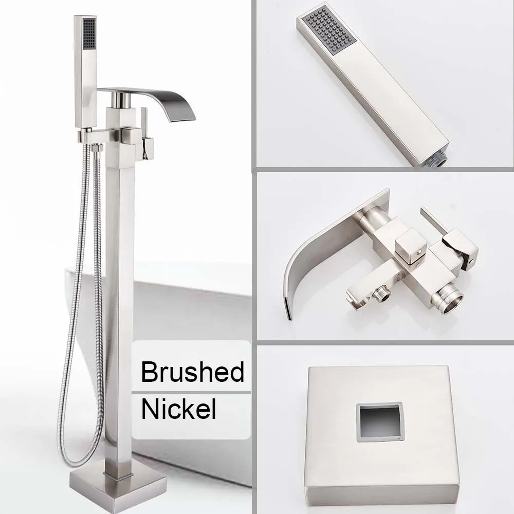 Poqihy Chrome Floor Mounted Bathtub Shower Faucet Waterfall Spout