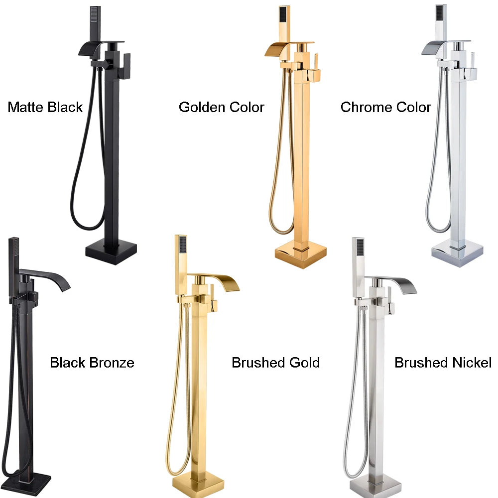 Poqihy Chrome Floor Mounted Bathtub Shower Faucet Waterfall Spout