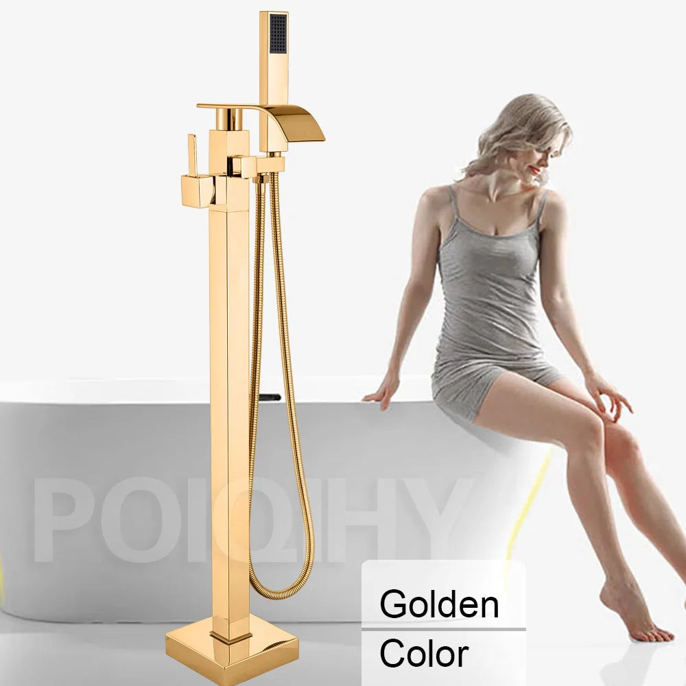 Poqihy Chrome Floor Mounted Bathtub Shower Faucet Waterfall Spout