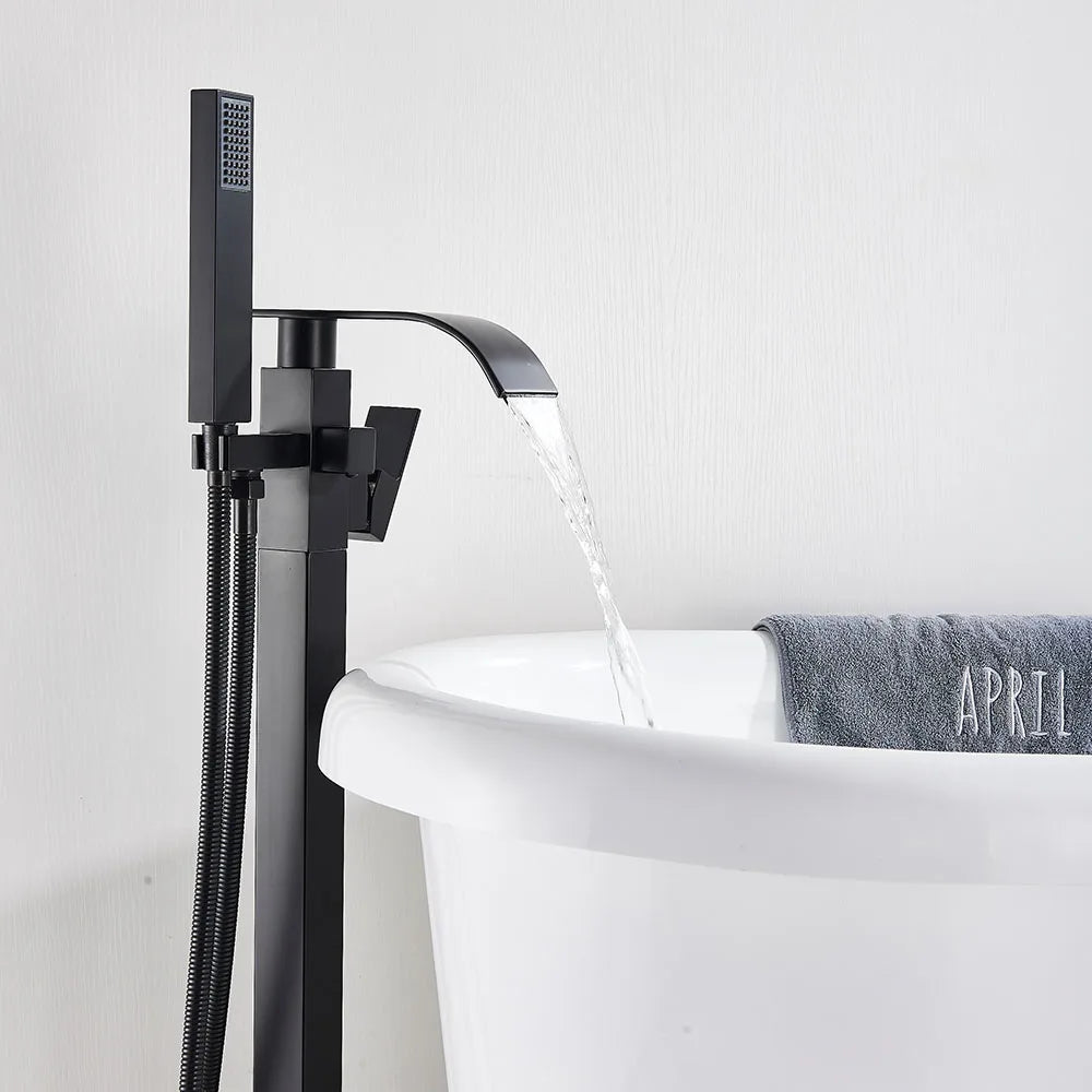 Poqihy Chrome Floor Mounted Bathtub Shower Faucet Waterfall Spout