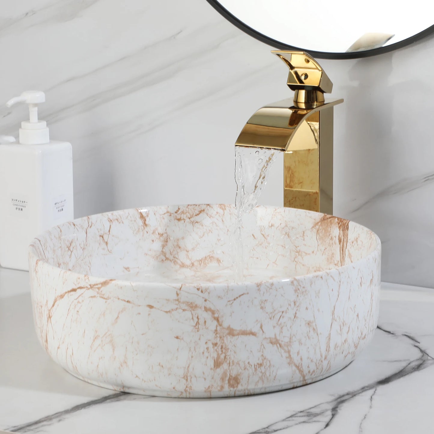 YANKSMART Marble Bathroom Vessel Sink With Gold Faucet