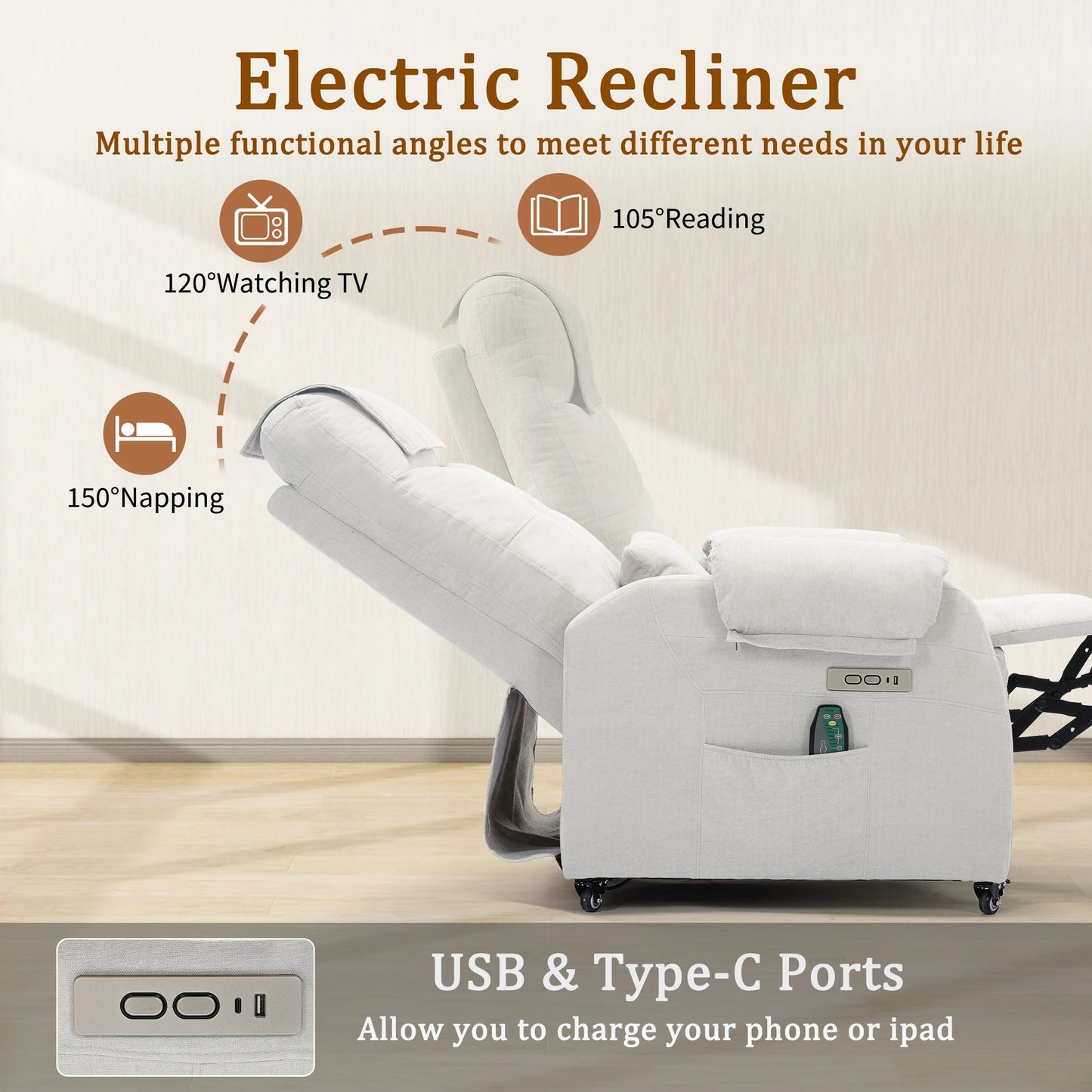 Korser Power Recliner Chair With USB Ports And Wheels For Home