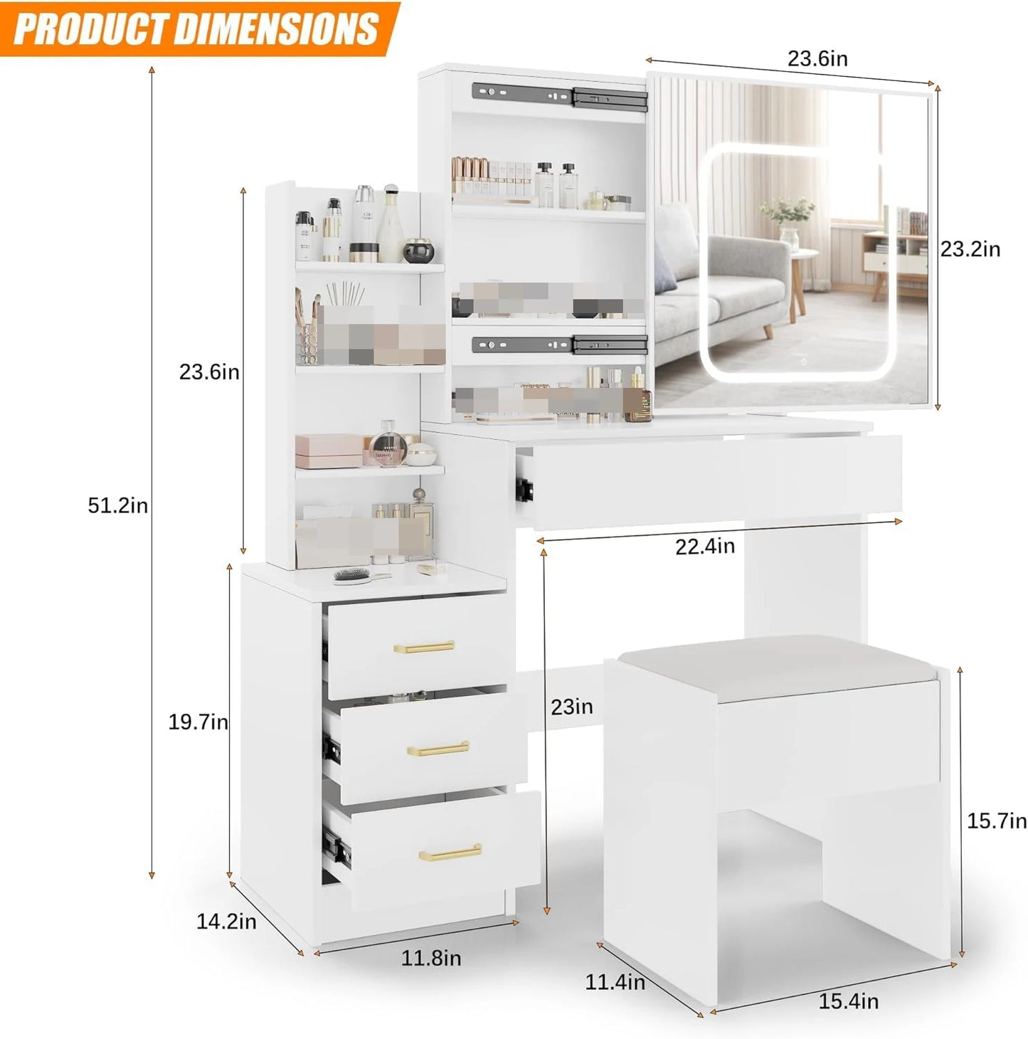 HiMISS Vanity Desk With Mirror And LED Lights Dressing Table