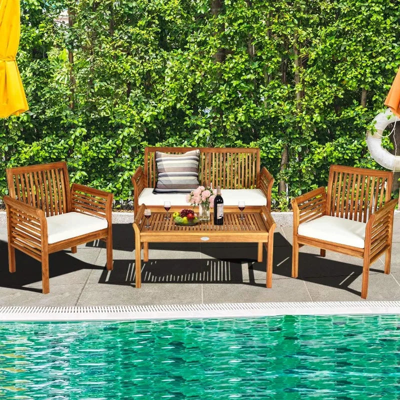 Outdoor Acacia Wood Sofa Set With Water Resistant Cushions