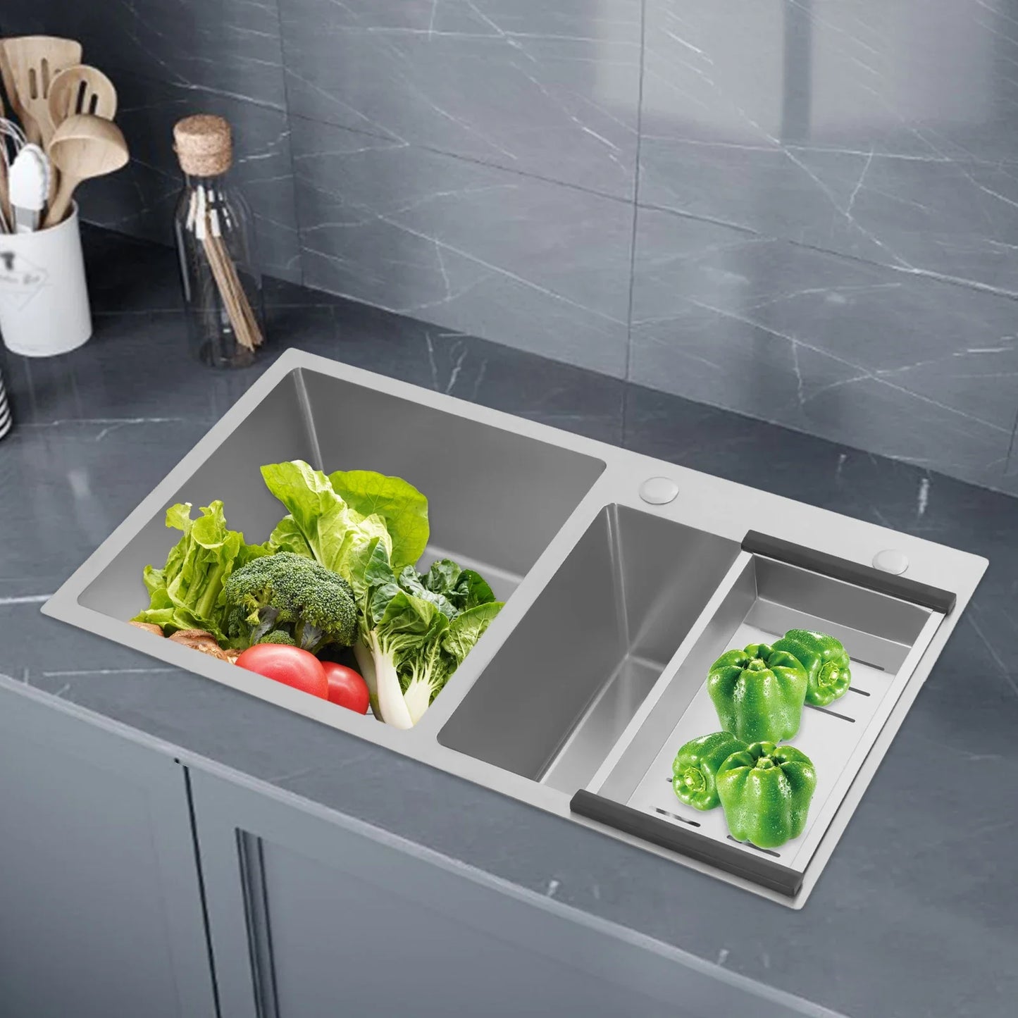 Stainless Steel Double Bowl Kitchen Sink With Drain Basket