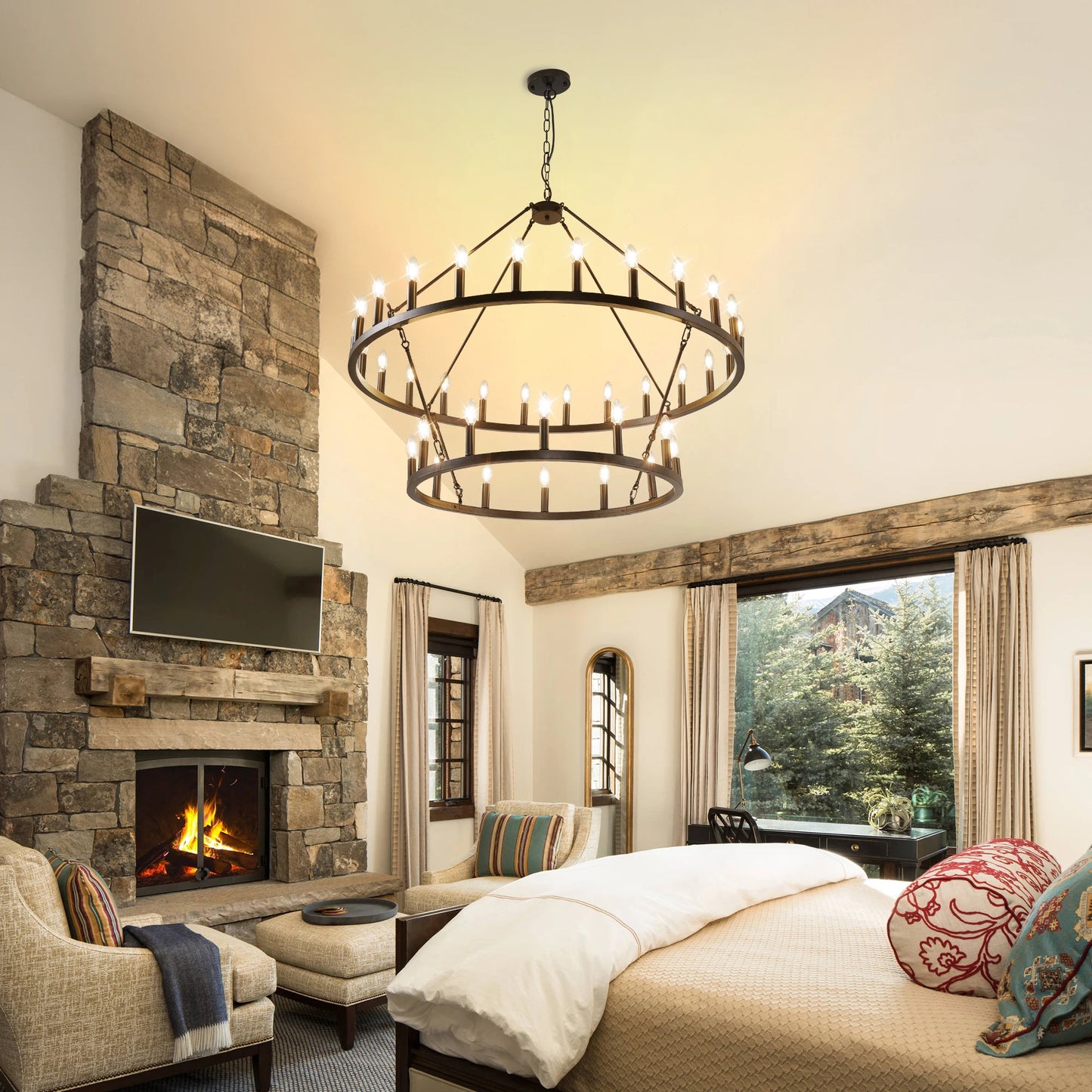 Farmhouse Wagon Wheel Chandelier 2 Tier 36 Light Pendant