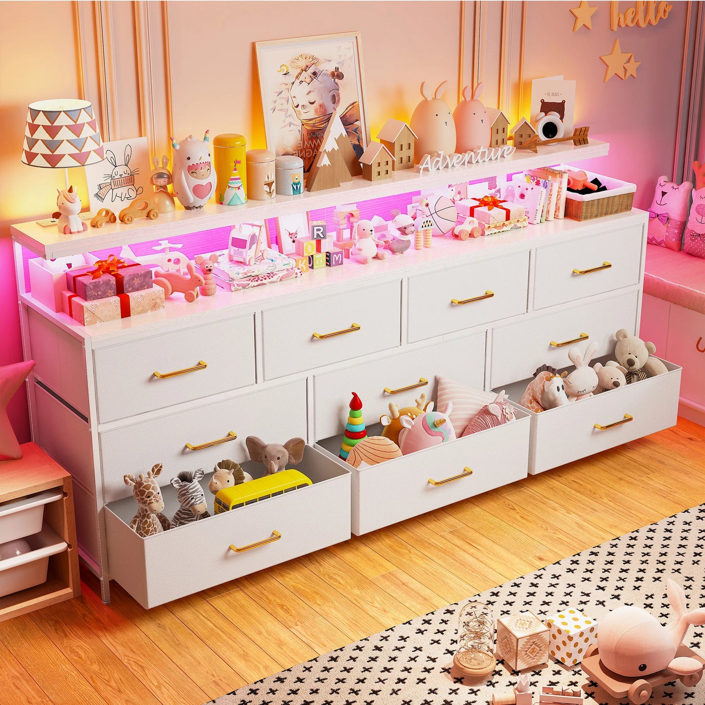 Smart Dresser With LED Lights, Power Outlets, Metal Frame, Fabric-Drawers