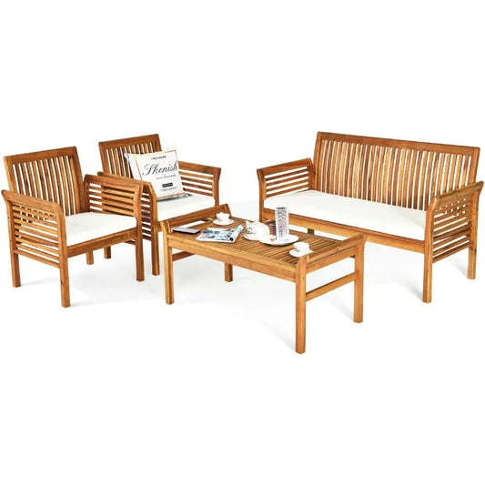 Outdoor Acacia Wood Sofa Set With Water Resistant Cushions