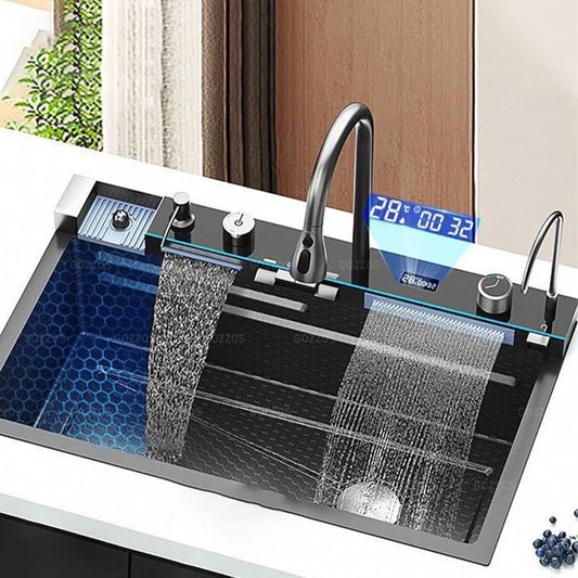 Multifunctional Kitchen Waterfall Sink With Digital Display 304 Stainless Steel