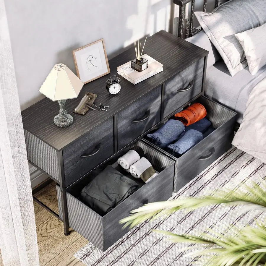 Five-Drawer Fabric Dresser With Wooden Top And Steel Frame