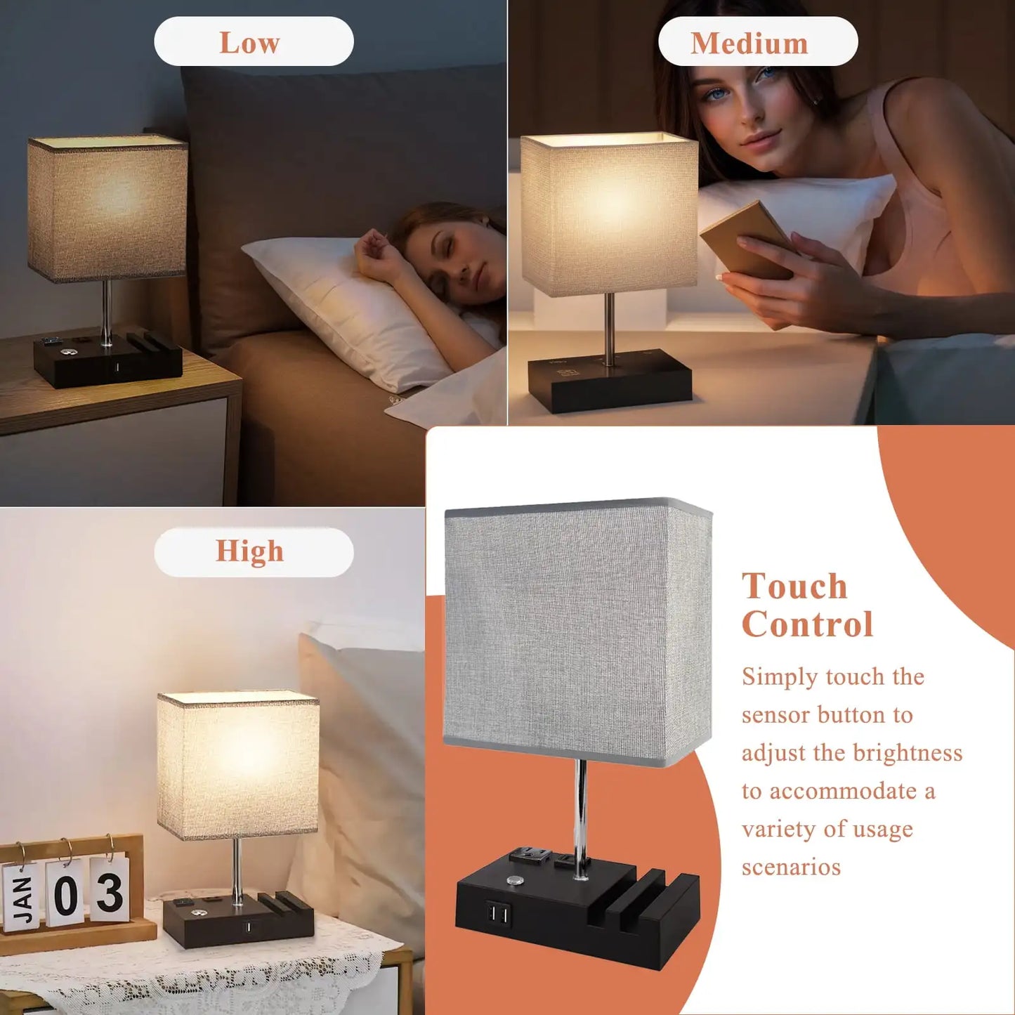 SZRSTH Bedside Table Lamp With Dual USB Ports And Dimmable Lighting