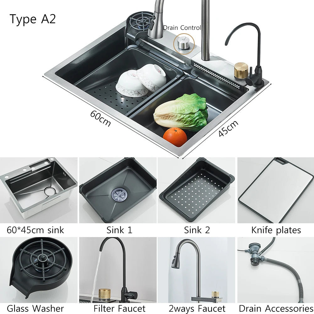 MYQualife 304 Stainless Steel Waterfall Kitchen Sink Faucet Set