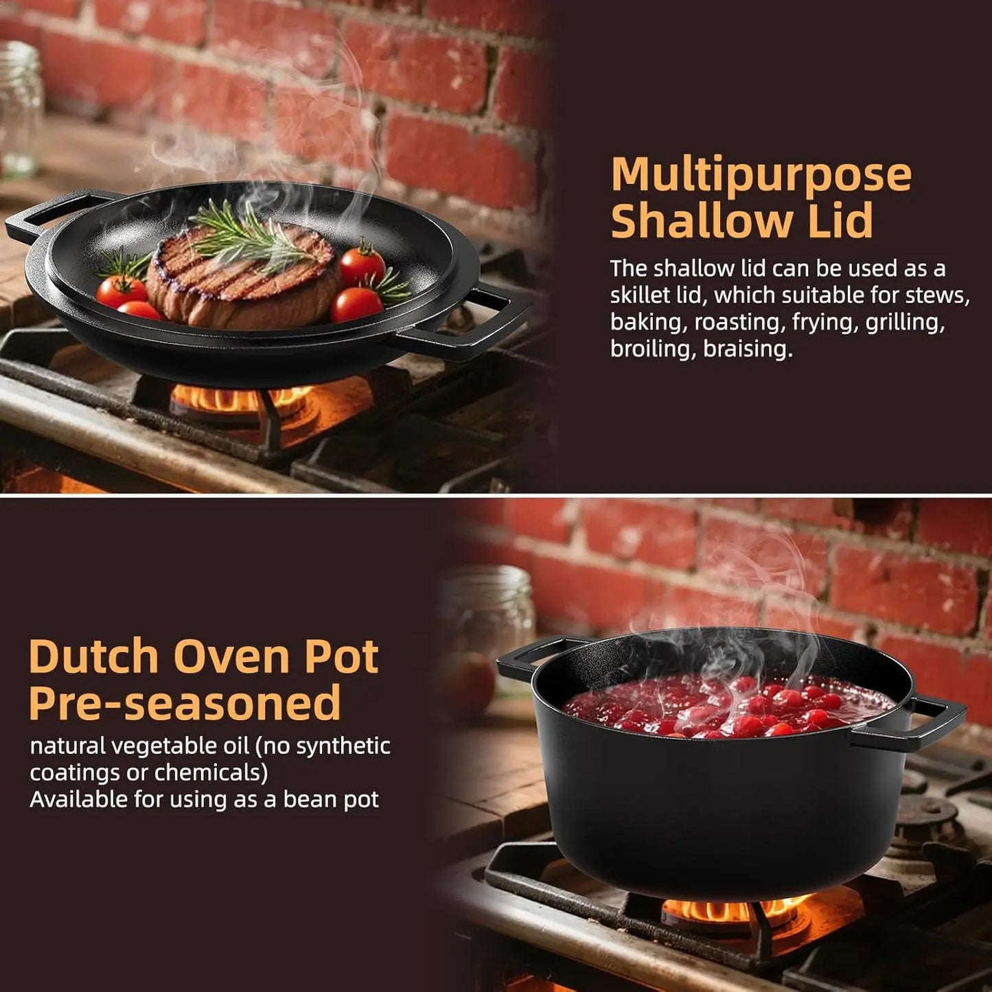 Cast Iron Two-in-One Dutch Oven With Skillet Lid Versatile Cookware