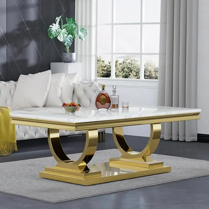 Modern Faux Marble Coffee Table With Silver Mirrored Finish