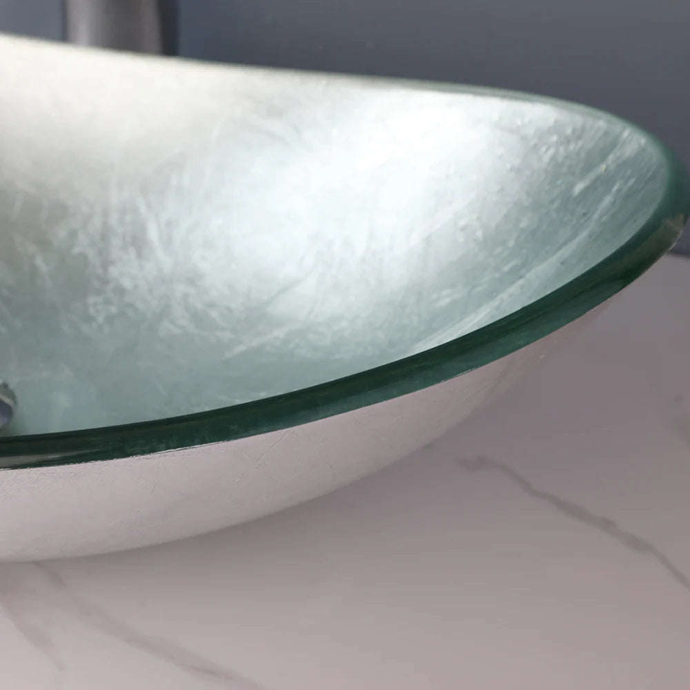 KEMAIDI Tempered Glass Bathroom Sink With Waterfall Faucet Countertop Basin
