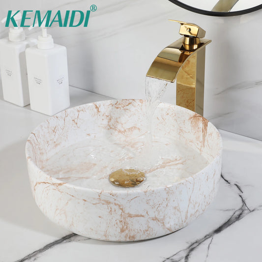 YANKSMART Marble Bathroom Vessel Sink With Gold Faucet