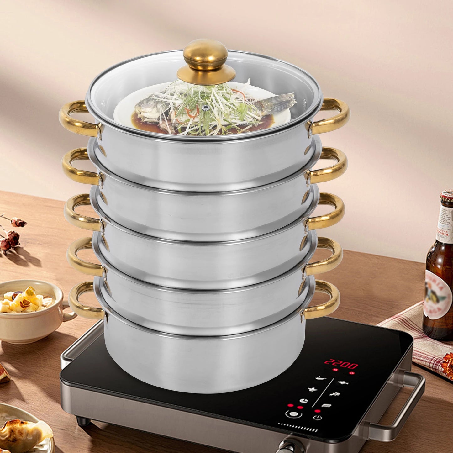 Stainless Steel 5 Tier Steamer Pot For Gas Induction Stoves