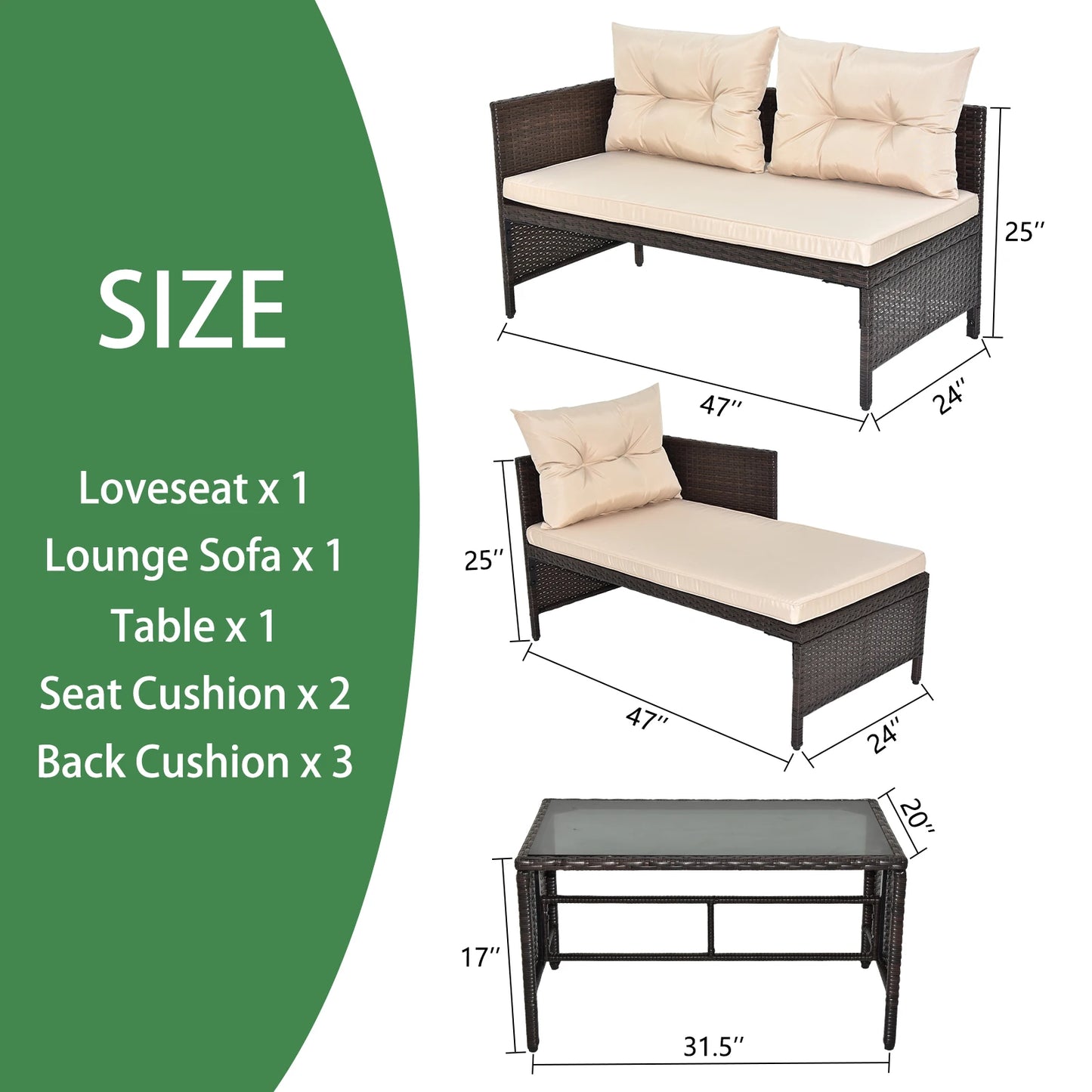 3 Piece Outdoor PE Rattan Furniture Set For Patio Cushions