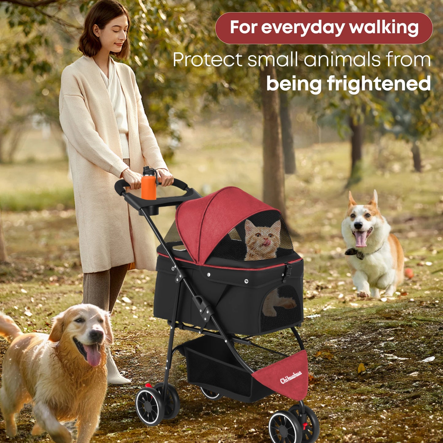 Chihuahua Pet Stroller 3 Wheel Foldable Carrier With Mesh Canopy